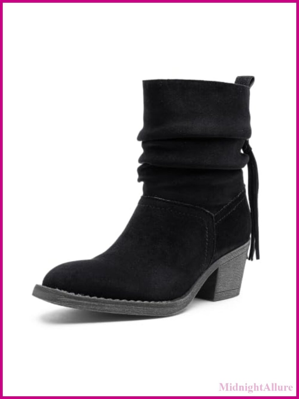 Womens Slouchy Ankle Boots Square Toe Low Block Heel Tassel Pull On